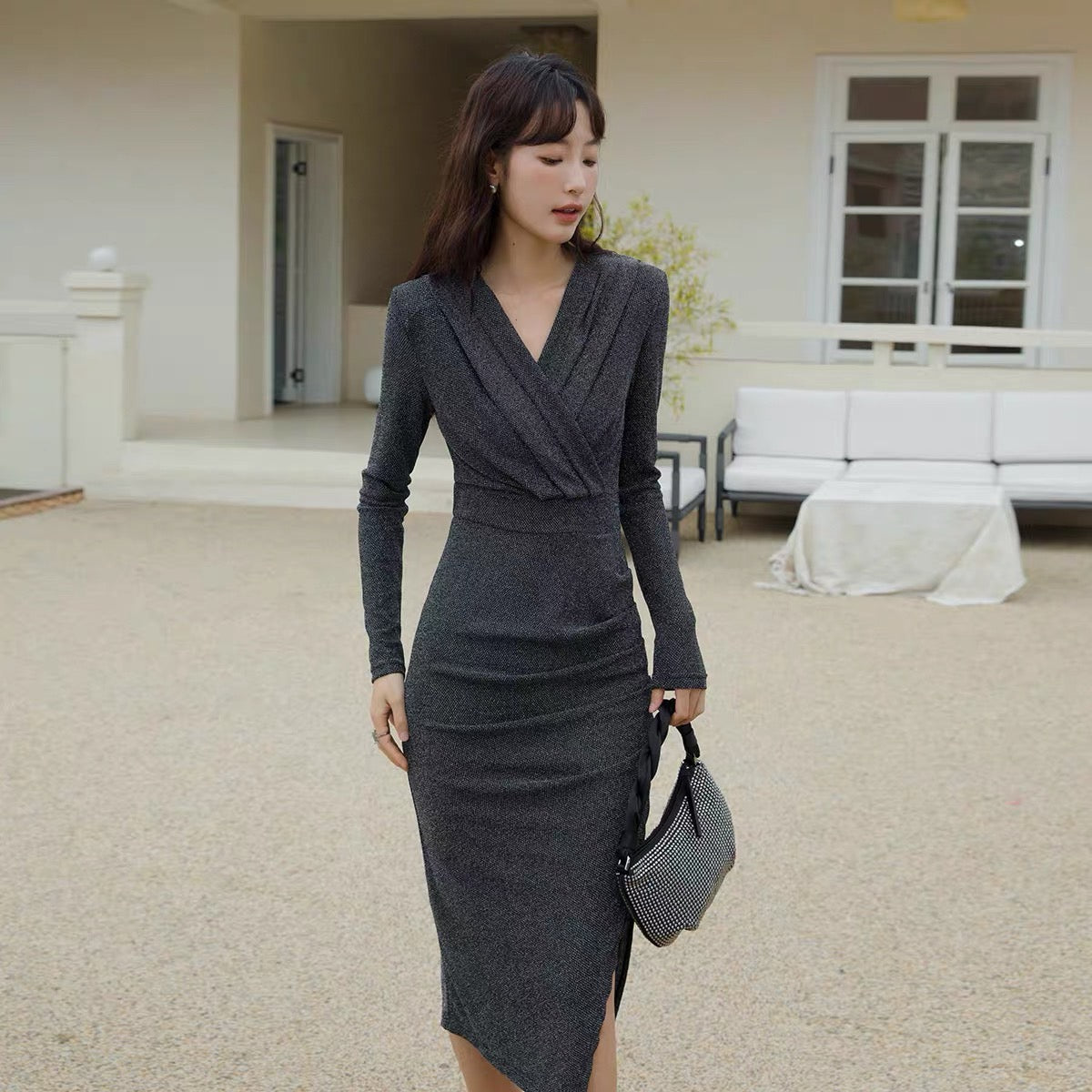 ASAYA4884 – Midnight Shimmer Draped Dress ✨🌙