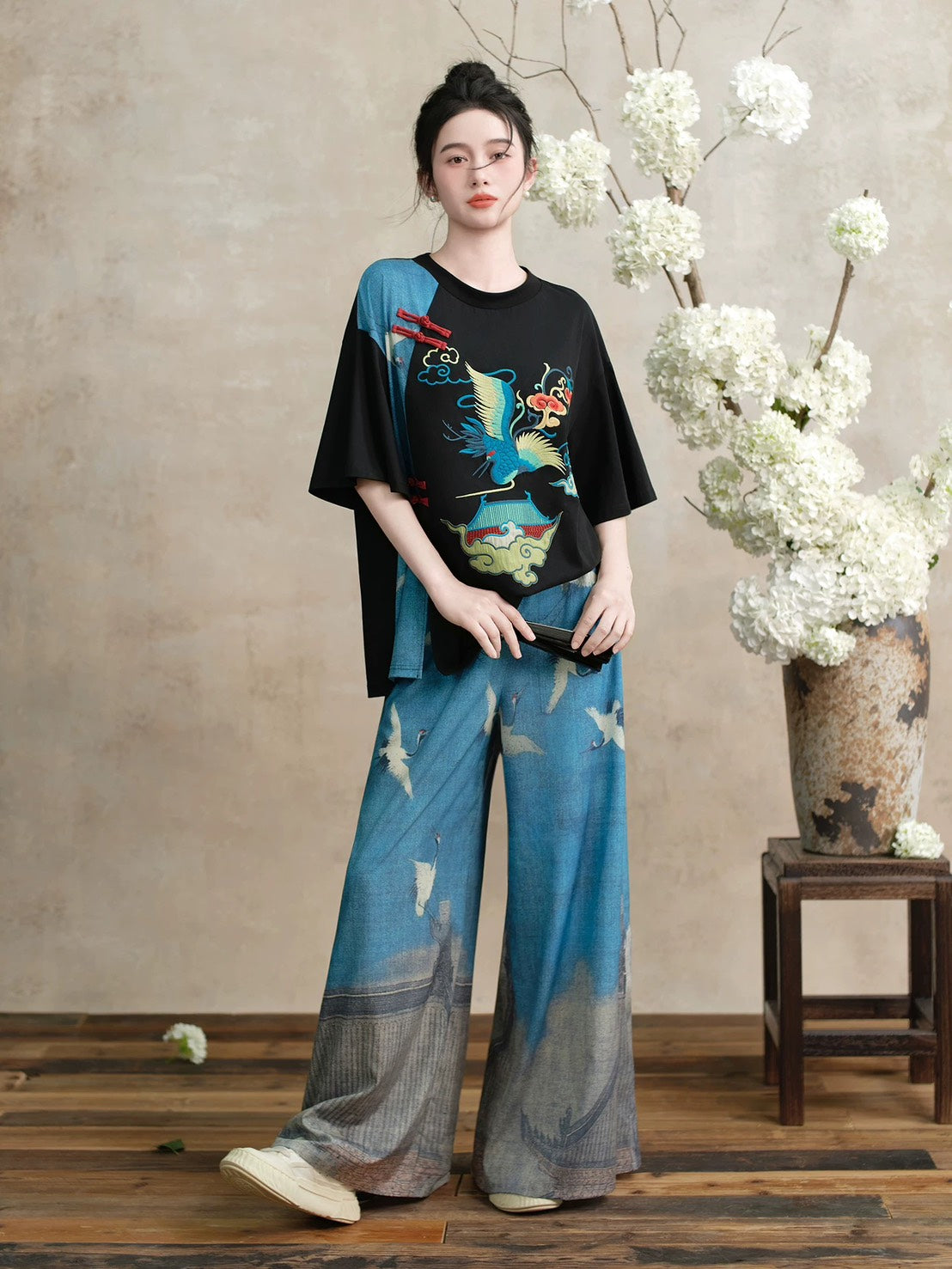 ASAYA4907 – Azure Crane Wide-Leg Pants 🌊🕊️