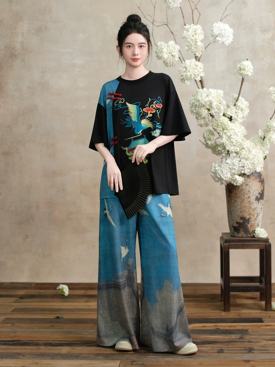 ASAYA4907 – Azure Crane Wide-Leg Pants 🌊🕊️