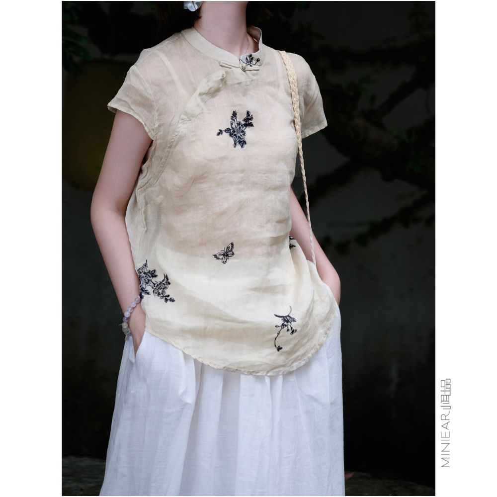 Xiao Er s Plant Inspired Embroidery Chinese Fine Hemp Fabric Short Sleeved Top with Stand Collar and Fold Buttons for Women image 1