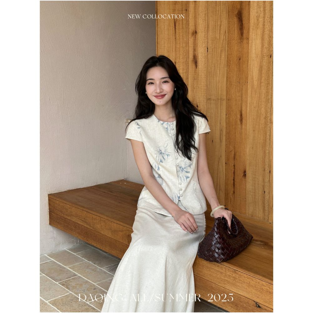 Xu Daqing Zhiyao s new Chinese style elegant linen printed round neck vest with elastic waistband mid length skirt set image 2