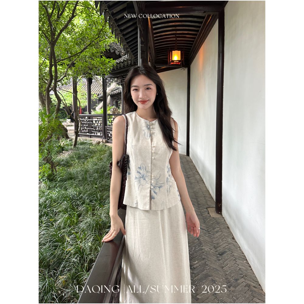 Xu Daqing Zhiyao s new Chinese style elegant linen printed round neck vest with elastic waistband mid length skirt set image 0