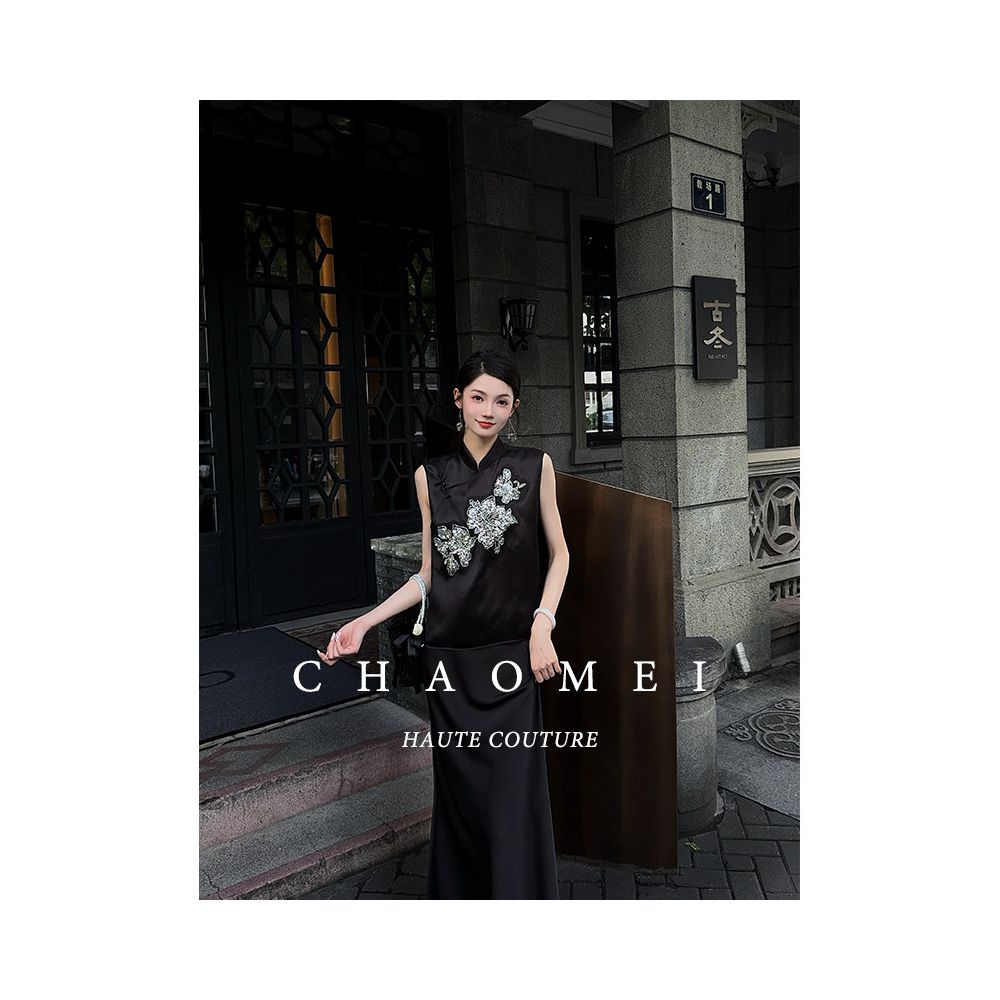 Feng CHAOMEI Ink Flower New Chinese Style 100 Mulberry Silk Embroidered Vest Acetic Acid Half Skirt Set image 0