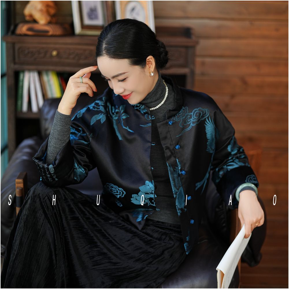 Shu Qiao Zijin silk new old satin black top new Chinese retro short jacket women s Chinese style jacket image 0