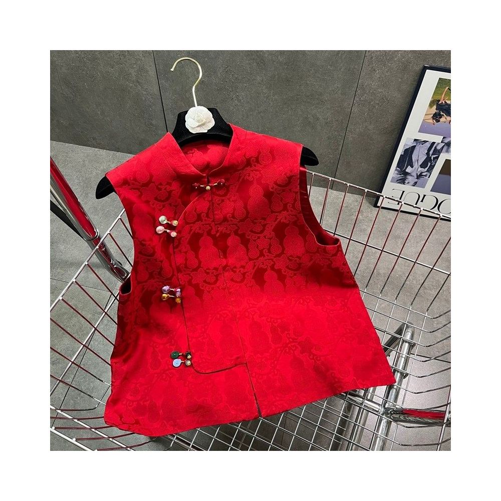 New Chinese style red buckle vest for spring 2026 standing collar jacquard color buckle niche high end sense camisole vest image 1