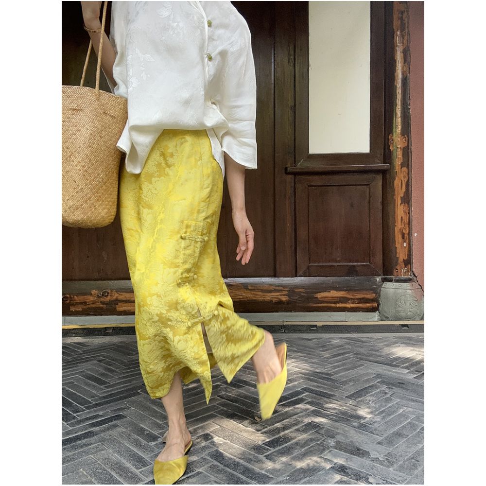 BLUE Y Chinese Style Yellow Jacquard Silk Rayon New Chinese Style Midi Skirt High Waist Button Down Side Slit Versatile Mid Length image 0