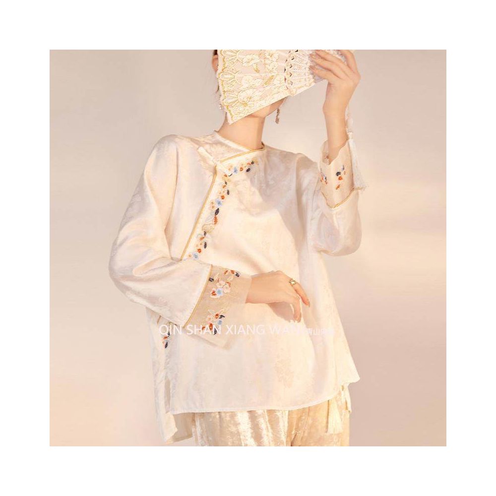 Cloud Embroidery Room New Chinese Style Slant Hemp Embroidered Tencel Jacquard Loose Top Women s Spring Summer Match Horse Face Skirt image 2