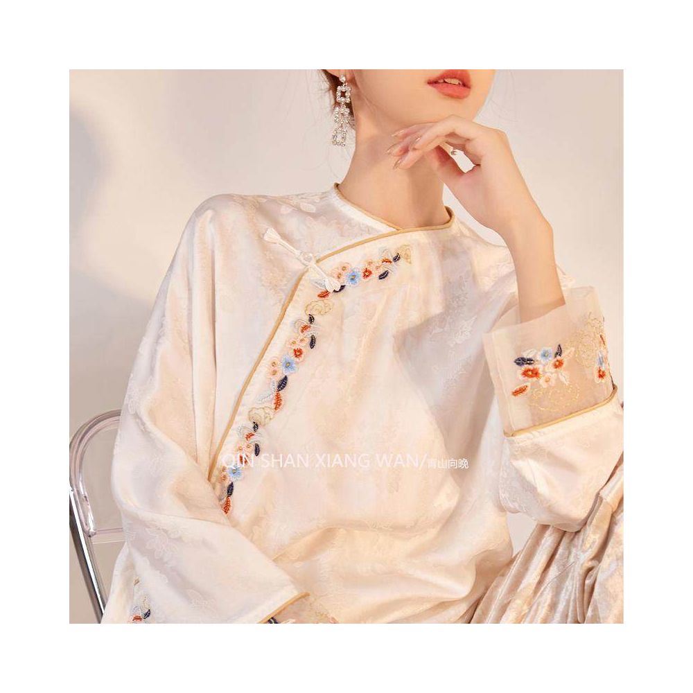 Cloud Embroidery Room New Chinese Style Slant Hemp Embroidered Tencel Jacquard Loose Top Women s Spring Summer Match Horse Face Skirt image 3