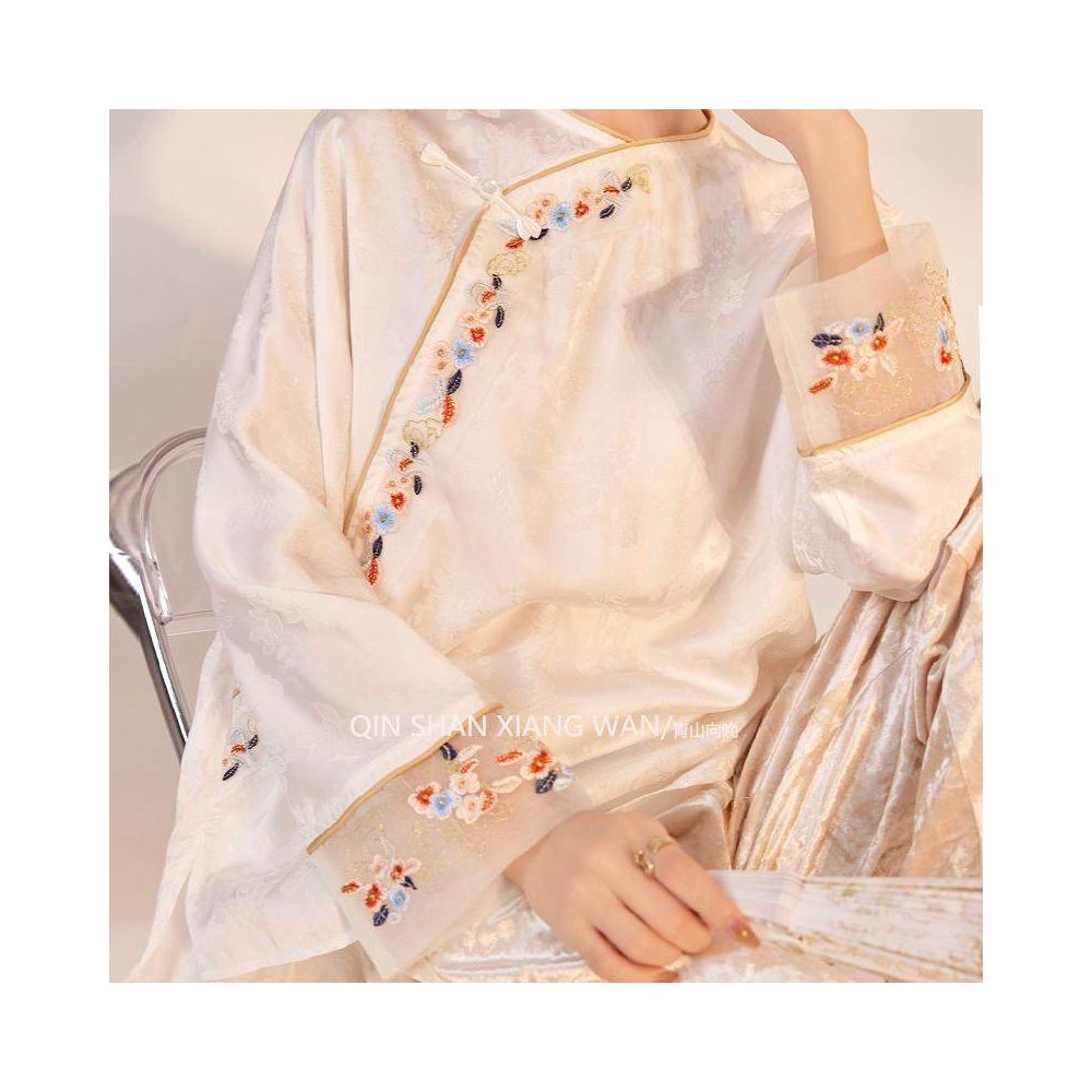 Cloud Embroidery Room New Chinese Style Slant Hemp Embroidered Tencel Jacquard Loose Top Women s Spring Summer Match Horse Face Skirt image 4