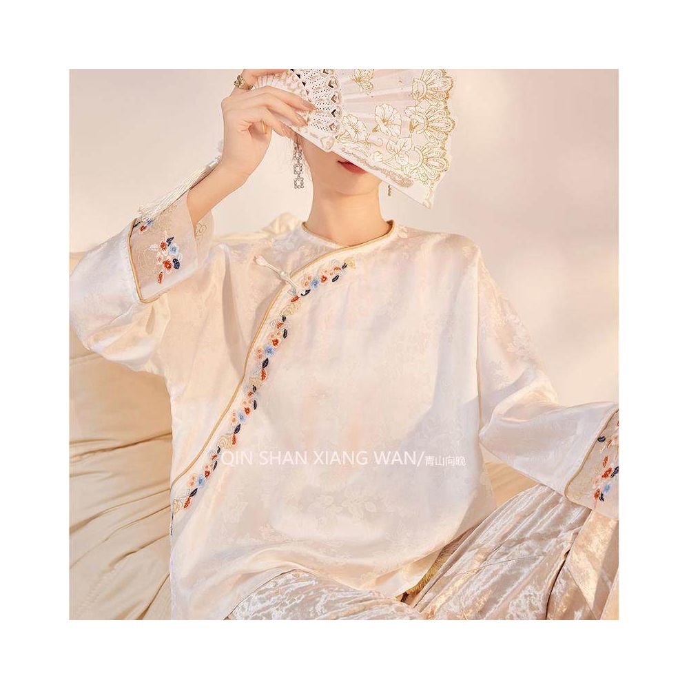 Cloud Embroidery Room New Chinese Style Slant Hemp Embroidered Tencel Jacquard Loose Top Women s Spring Summer Match Horse Face Skirt image 0