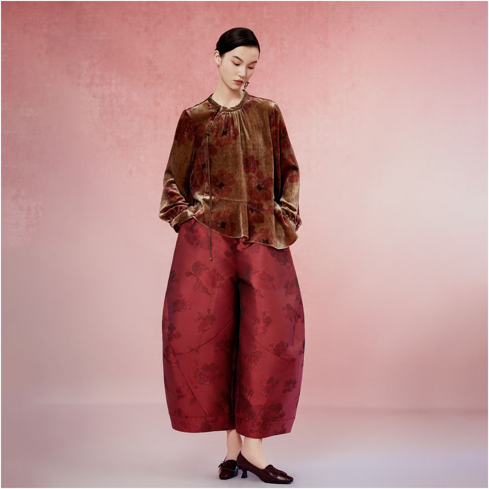 Three color Jiqiu Gu er Yuzhi casual pants classic flower bud dark pattern jacquard 2025 autumn new style Chinese retro image 4