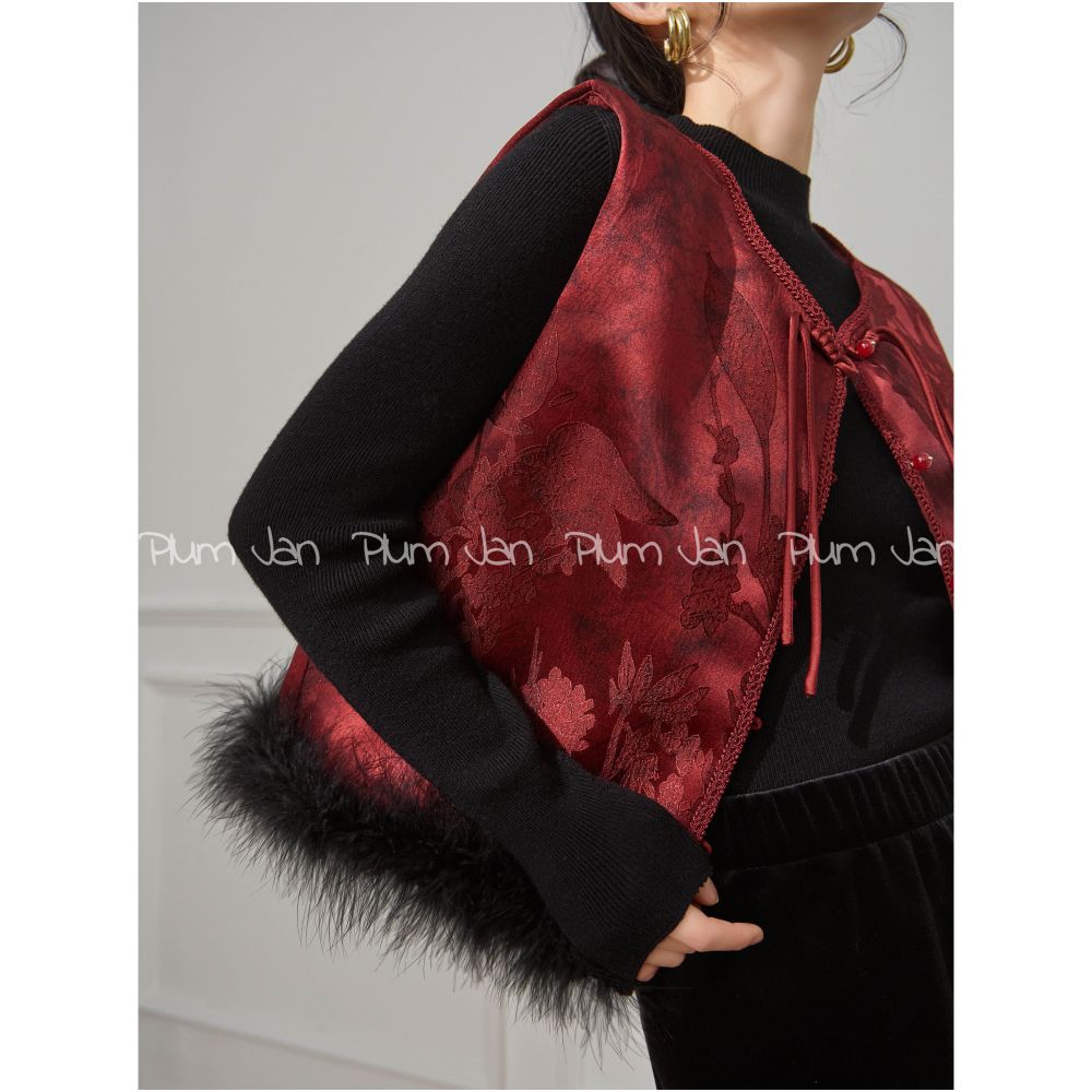 PlumJan red Chinese style distinguished vest 2025 new Chinese style wedding toast vest for women commuting style shiny silk vest for women round neck single breasted vest image 0