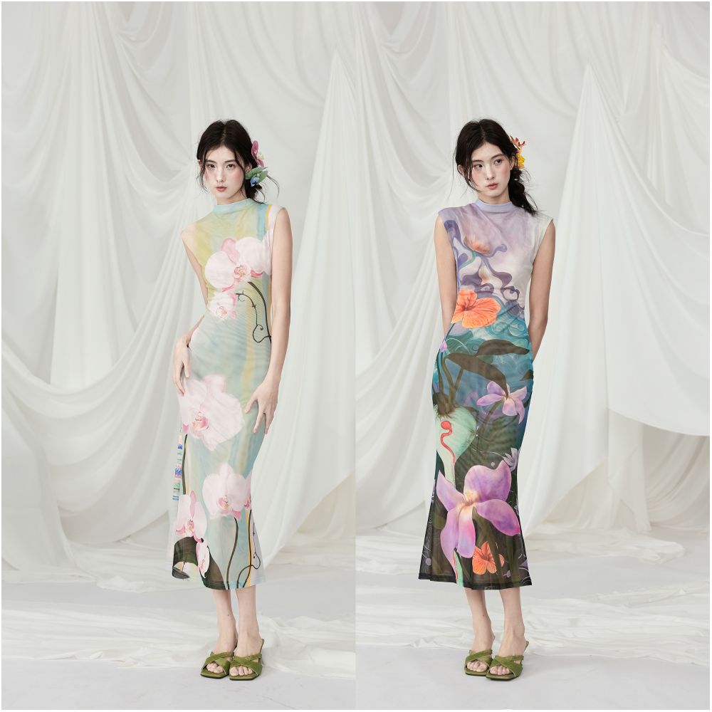 MildRate Original Illustrator Collaboration Printed New Chinese Cheongsam Front and Rear Two piece Dress image 2
