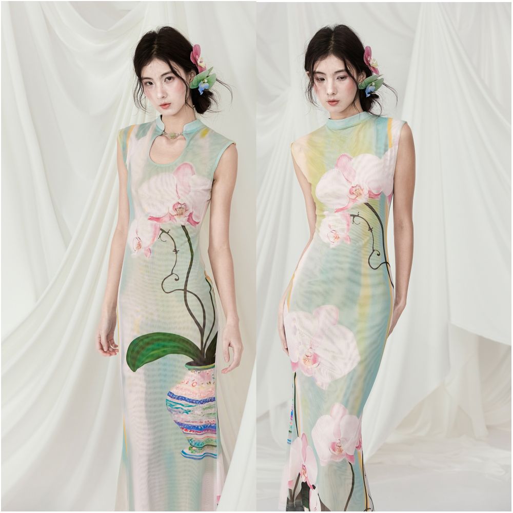 MildRate Original Illustrator Collaboration Printed New Chinese Cheongsam Front and Rear Two piece Dress image 3