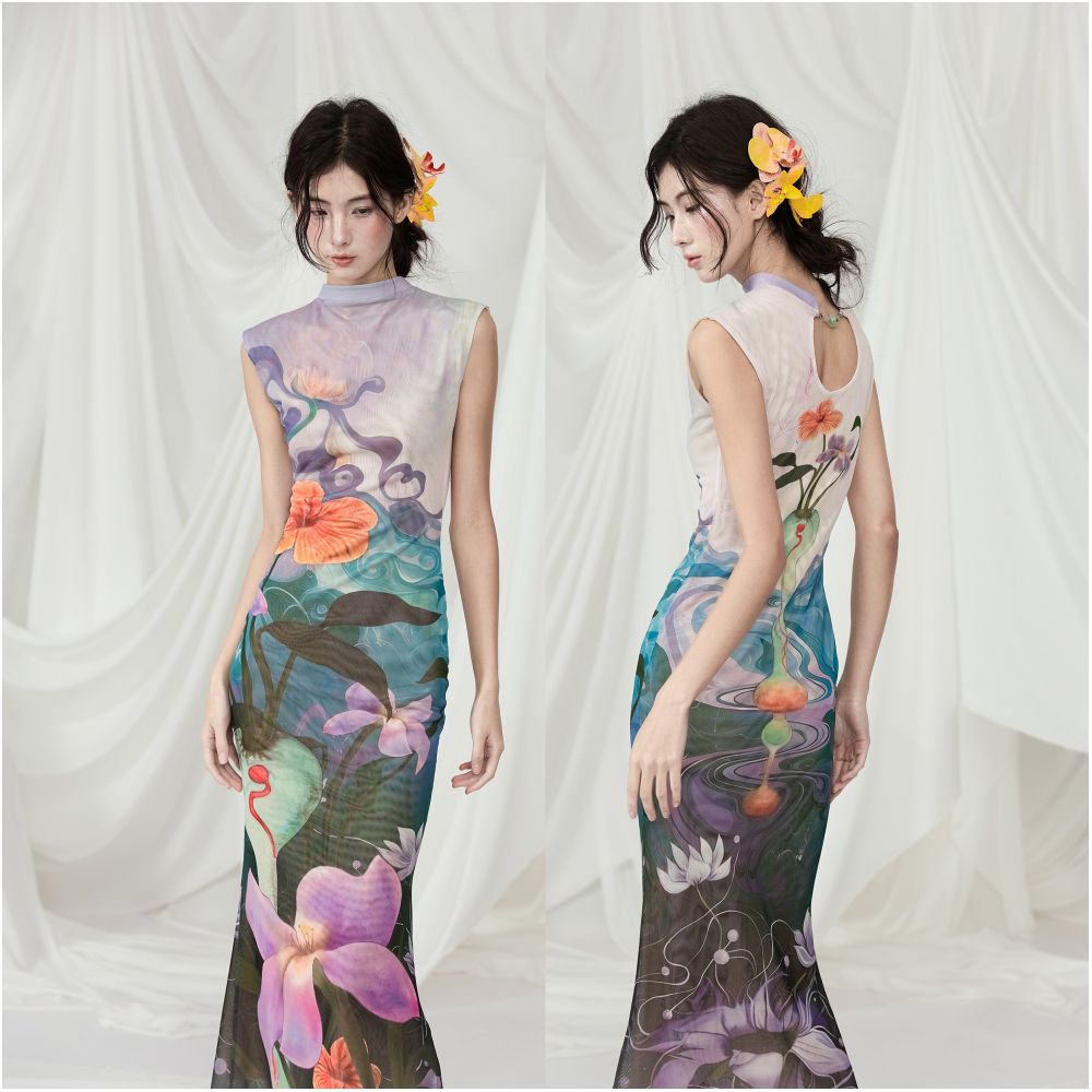 MildRate Original Illustrator Collaboration Printed New Chinese Cheongsam Front and Rear Two piece Dress image 4