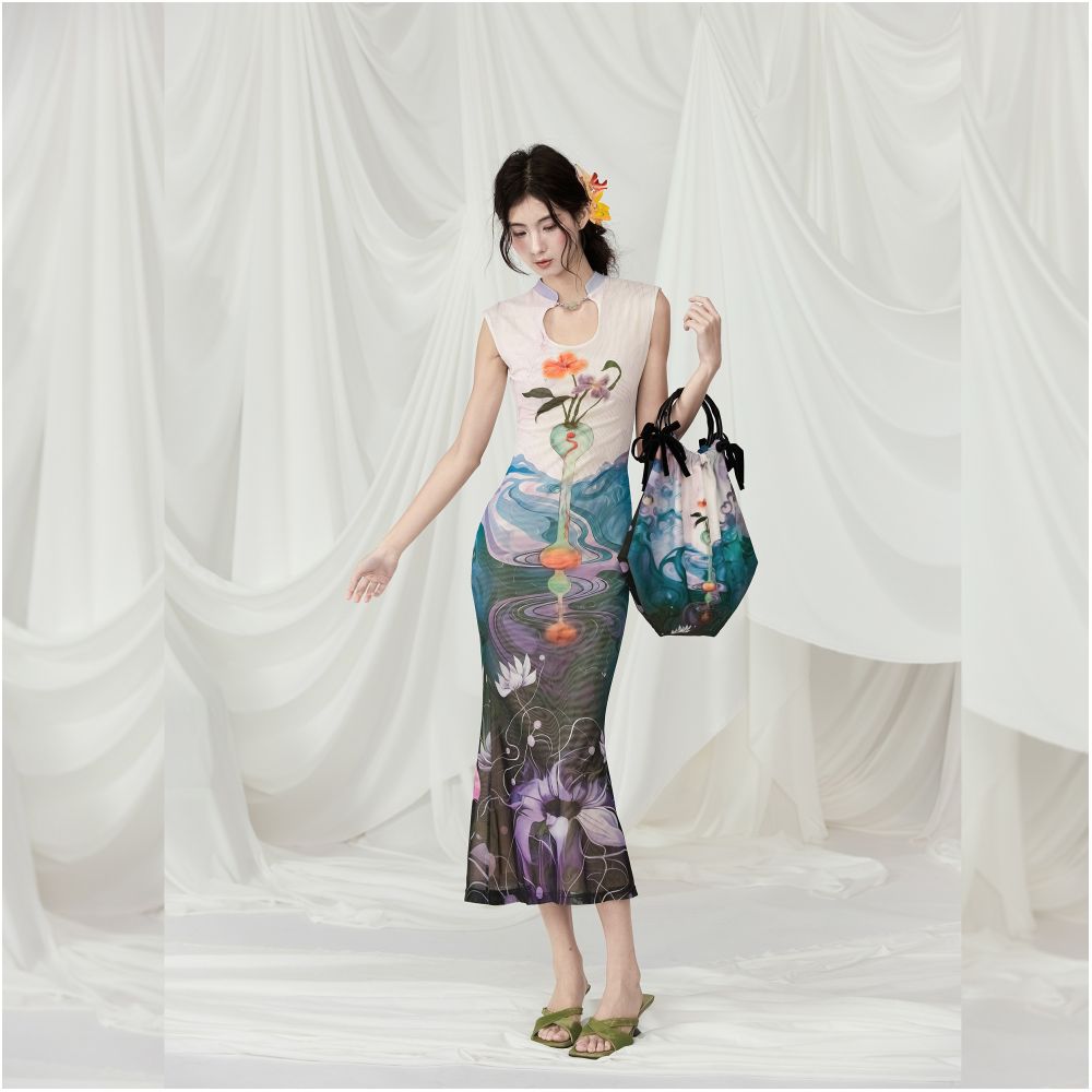 MildRate Original Illustrator Collaboration Printed New Chinese Cheongsam Front and Rear Two piece Dress image 5