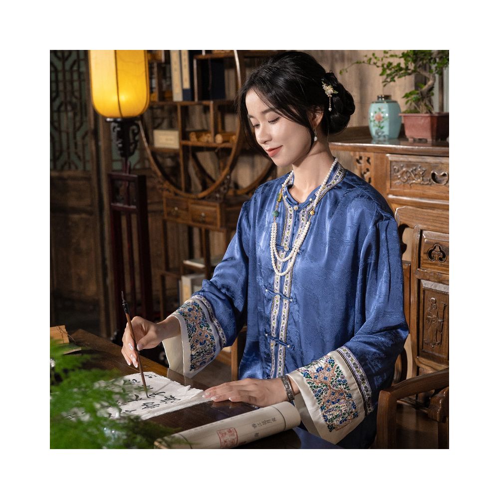 New Chinese style tops shirts retro Chinese style women s clothing silk jacquard plate buckle jacquard plate gold embroidery spring and autumn tea clothing image 3