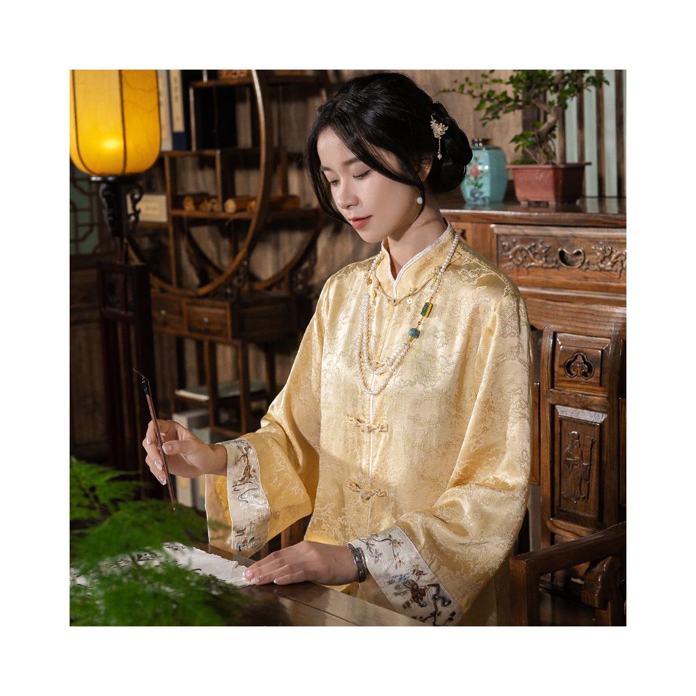 New Chinese style top Chinese style women s clothing jacquard Tencel silk cardigan jacket buttoned shirt embroidered flower summer and autumn tea suit image 1