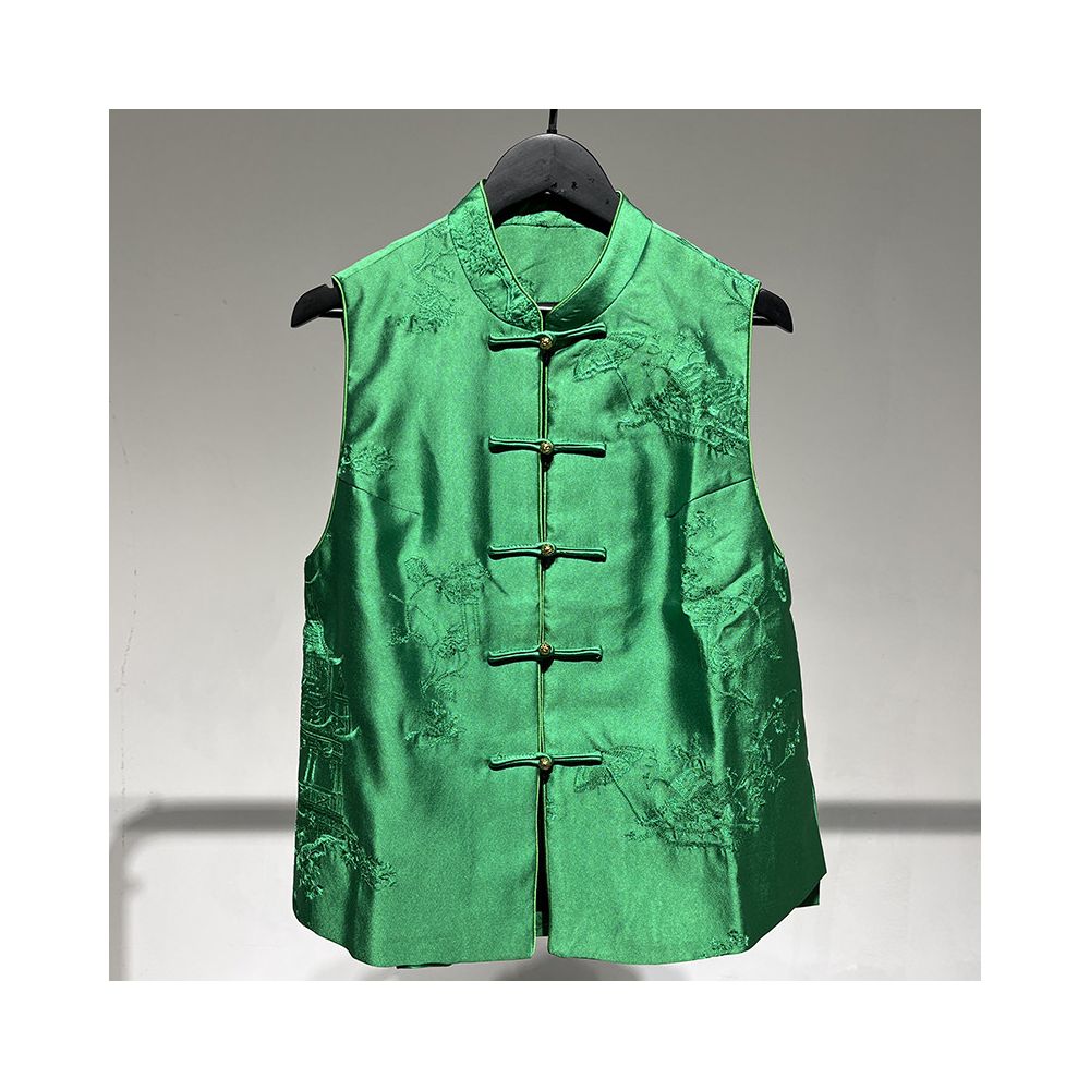 111307F Shiti Store Original C New Chinese Style Black Stand Collar Button Silk Wool Embroidered Vest for Women image 3