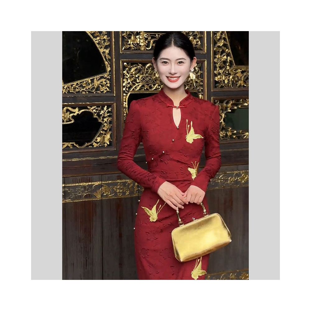 HARSIDE New Chinese Style Teardrop Collar Butterfly Embroidered Jacquard Cheongsam Dress High End Exquisite Beautiful and Light Luxury Dress image 2