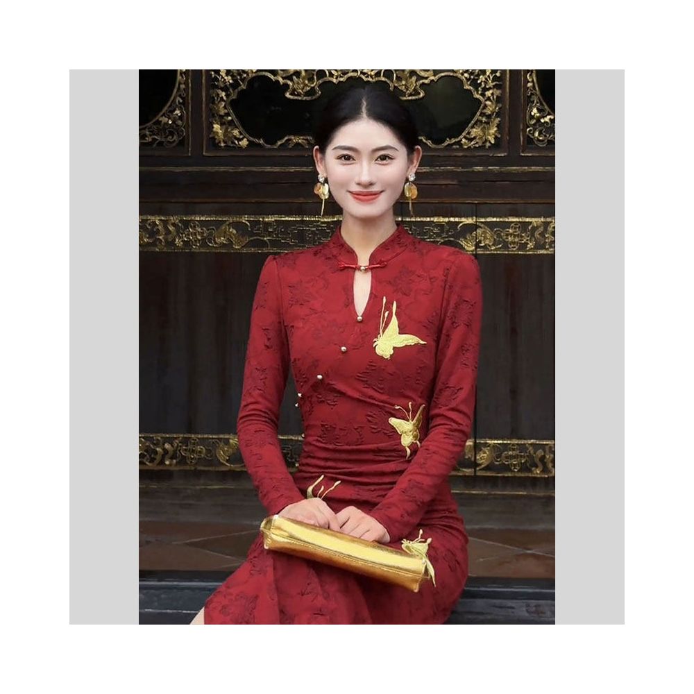 HARSIDE New Chinese Style Teardrop Collar Butterfly Embroidered Jacquard Cheongsam Dress High End Exquisite Beautiful and Light Luxury Dress image 3