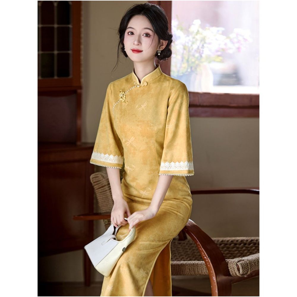 HARSIDE s new Chinese style improved mid sleeve cheongsam dress retro slim fit stand up collar early autumn age reduction elegant and gentle image 1