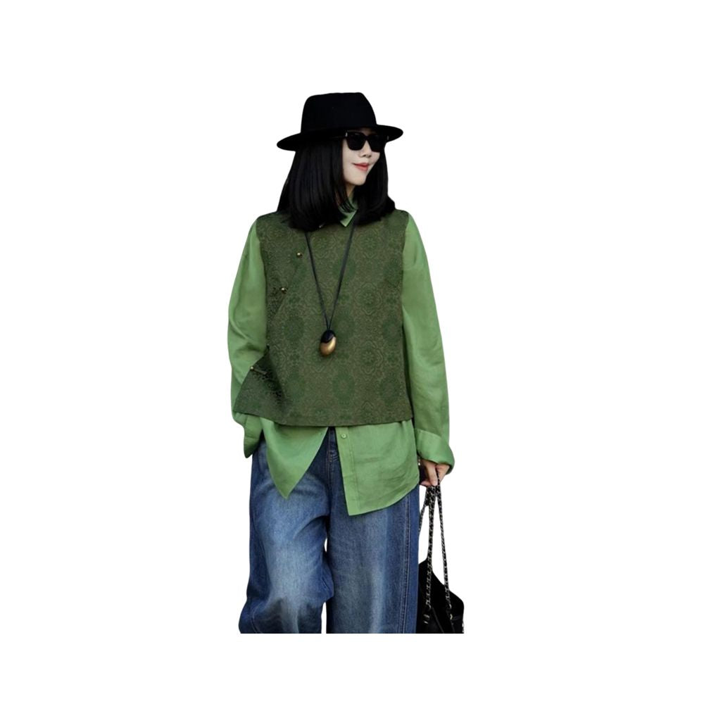 Quqi 2025 Autumn New Style New Chinese Style Age Reducing and Slimming Unique Premium Green Vest Shirt Top Set image 5