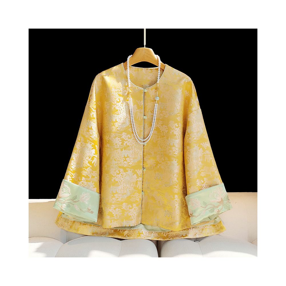 New Chinese style Chinese style Song Jin round neck buttoned jacket female original design yellow retro western style casual loose top image 0