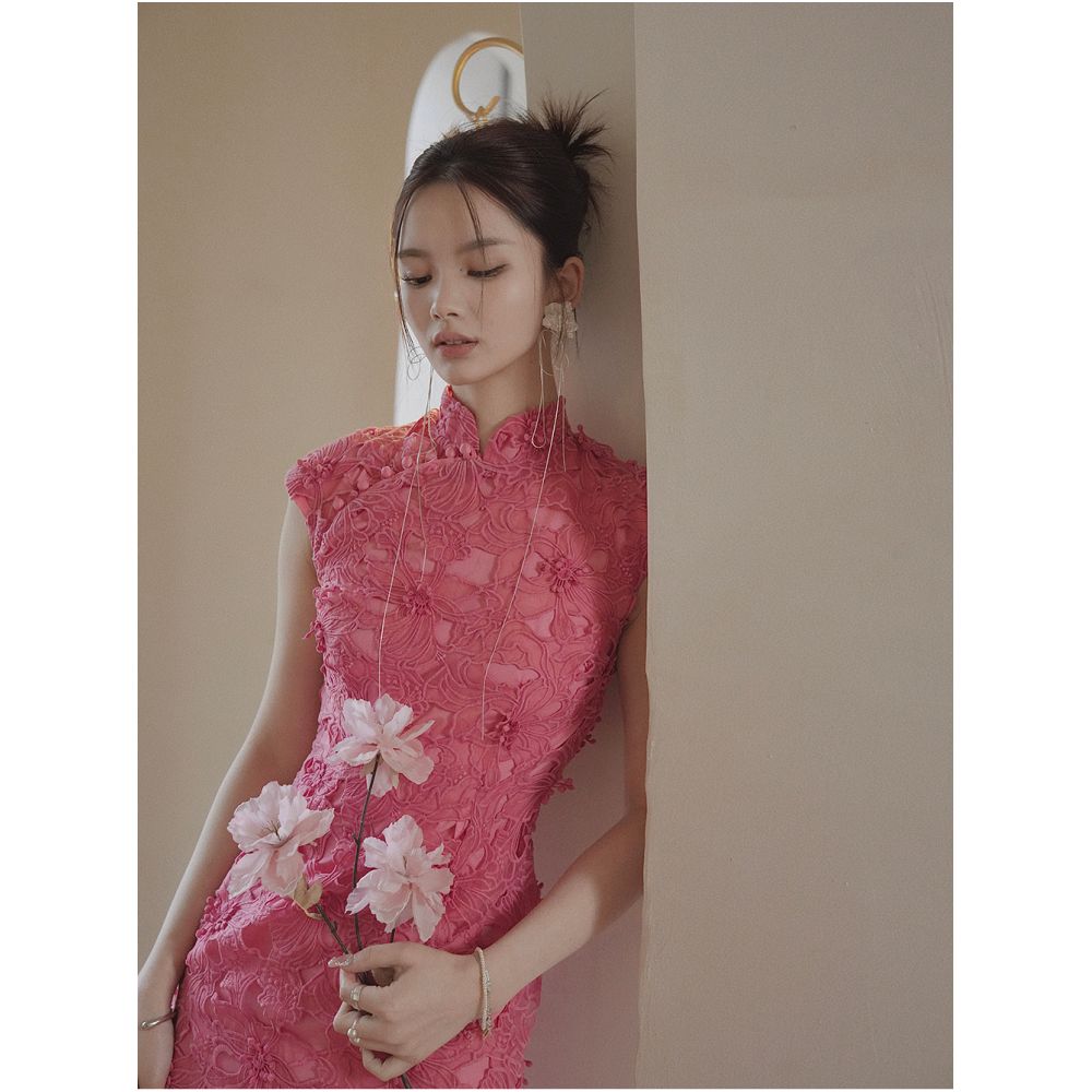 Journeyj s niche design Haitang red pink three dimensional embroidery new Chinese qipao Chinese style dress summer women s dress image 0