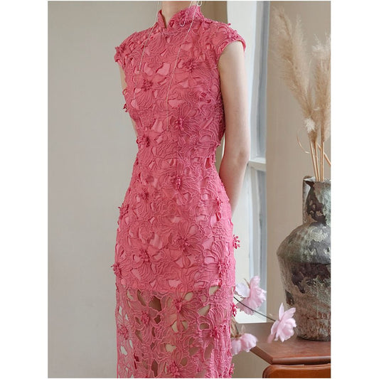 ASAYA5883 – Rosé Blossom Lace Qipao 🌸✨