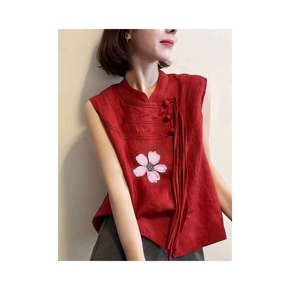 New Chinese style national style super good looking design sense top red round neck buckle sleeveless printed vest for women in summer 2025 image 4