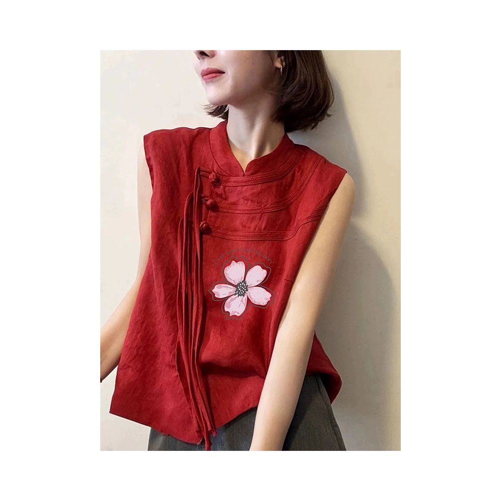 New Chinese style national style super good looking design sense top red round neck buckle sleeveless printed vest for women in summer 2025 image 5