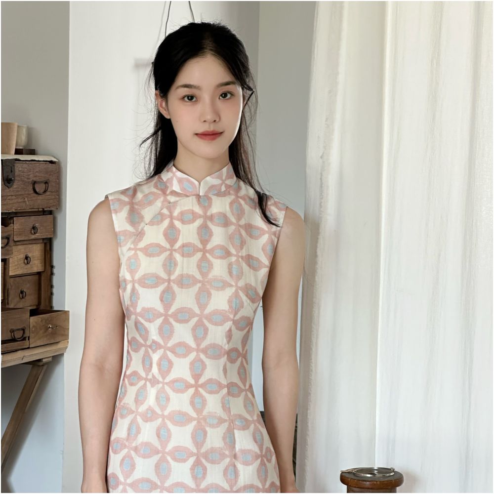 Ti Ti Xiang Pea Pink Port Worker Improved Long Sleeveless Cheongsam image 1