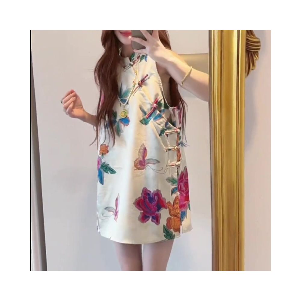 New Chinese style high end acetic acid sleeveless women s summer 2025 new loose and comfortable slit printed large sized top image 0