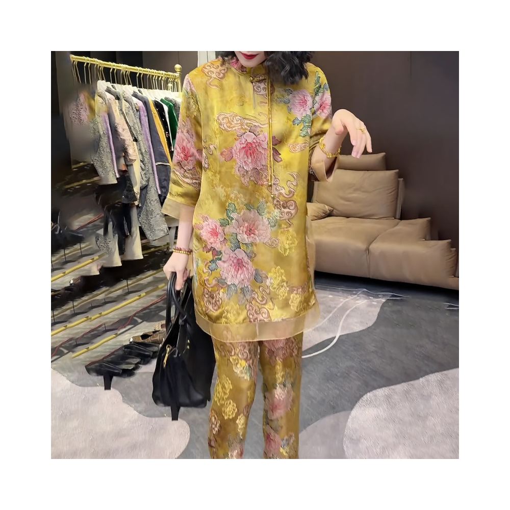Classical temperament light mature new Chinese style seven quarter sleeve women s 2025 summer new soft high end printed large size set image 0