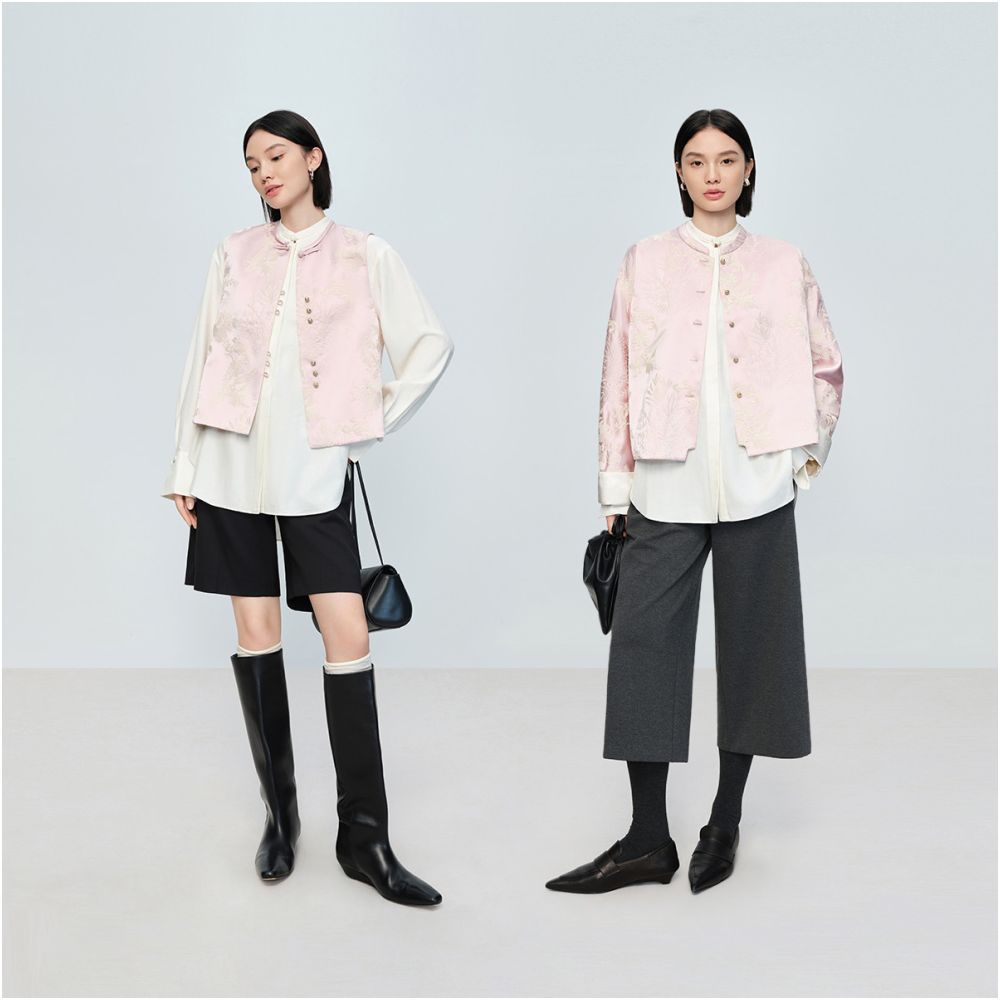 Fengqi blooms with flowers Happy New Chinese Naivee 26 Spring New Heavy Industry Ten Thousand Needle Embroidered Vest Peach Yao Powder image 3