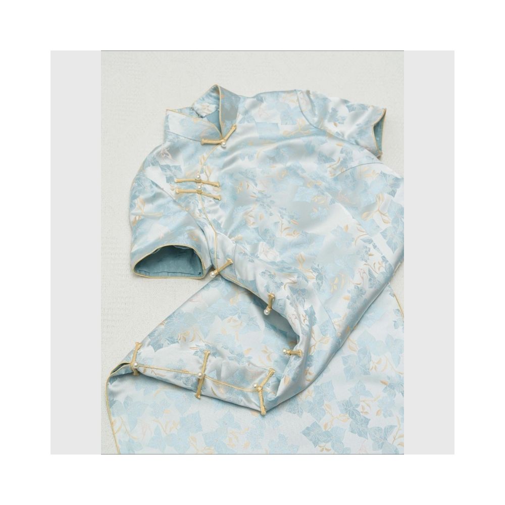 New Chinese style women s glacier blue slanted collar plate buckle printed cheongsam with exquisite summer temperament niche Chinese style dress image 0