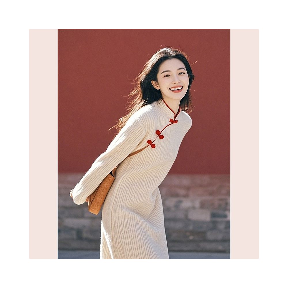 Shopping mall to withdraw cabinet 2025 winter fashion temperament high end feeling new Chinese style white buckle knitted dress for women image 1