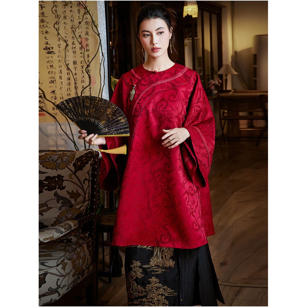 Moyu 丨 Embroidery Tang 丨 Chinese style improved Han Qing women s inverted long sleeved cloak Chinese red mid length Tang style top image 1