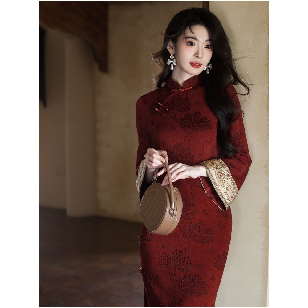 HARSIDE stunning new Chinese retro high end red long sleeved cheongsam improved dress with elegant and noble temperament image 1
