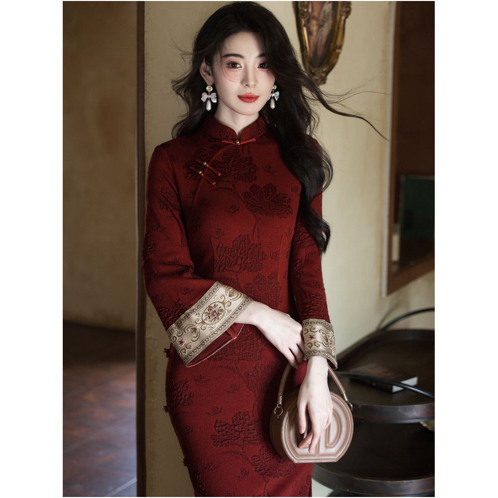 HARSIDE stunning new Chinese retro high end red long sleeved cheongsam improved dress with elegant and noble temperament image 2