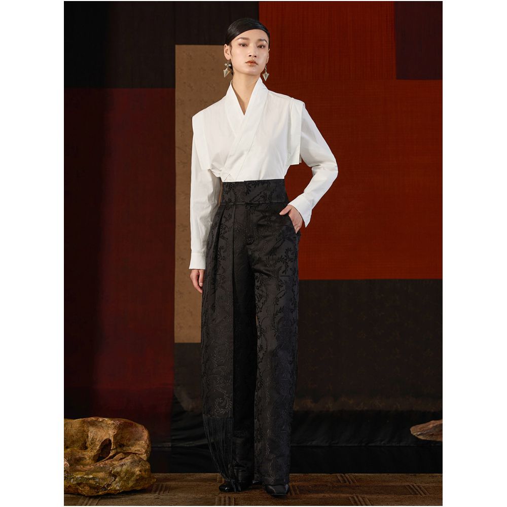 Fashionable high waisted asymmetrical jacquard tassel long pants with wide legs versatile casual pants J43K8025 both inside and outside the industry image 4