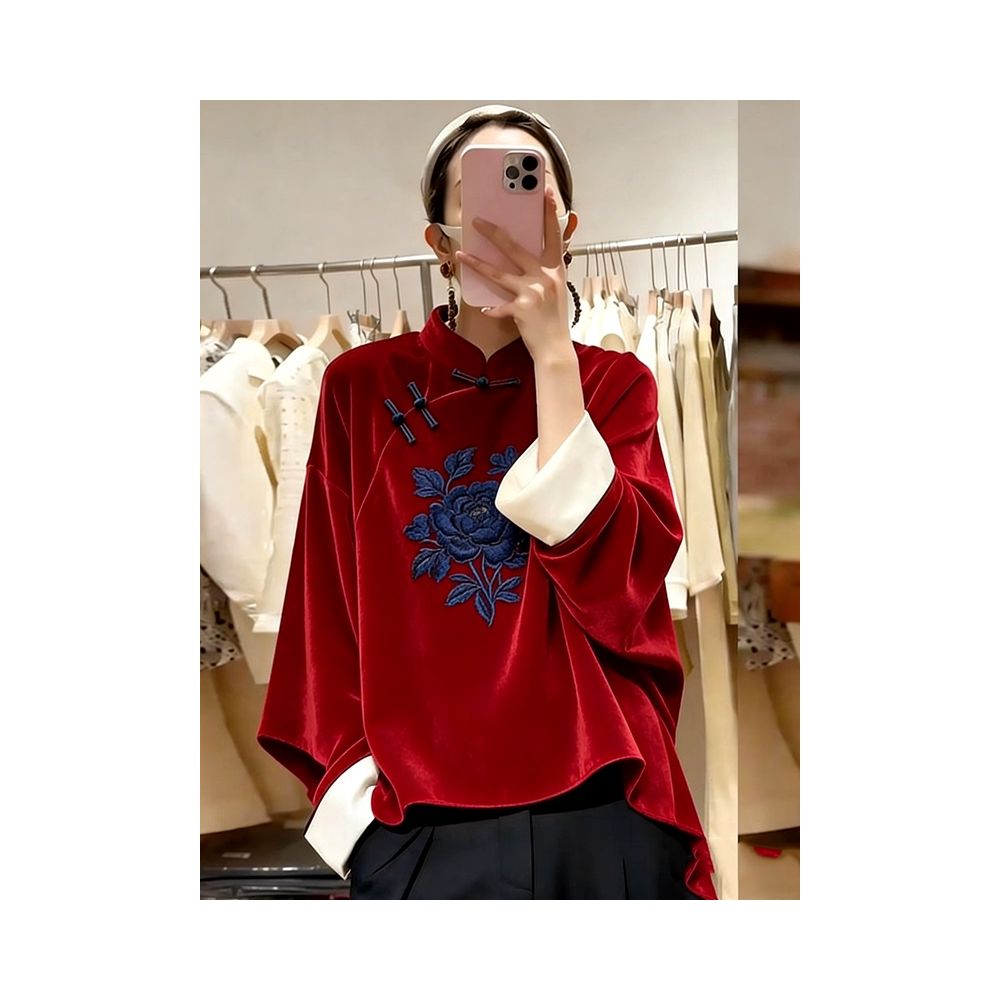 New Chinese style stand up collar velvet fashionable western style top for women red long sleeved with buckle light luxury and high end feeling 2026 new style image 0