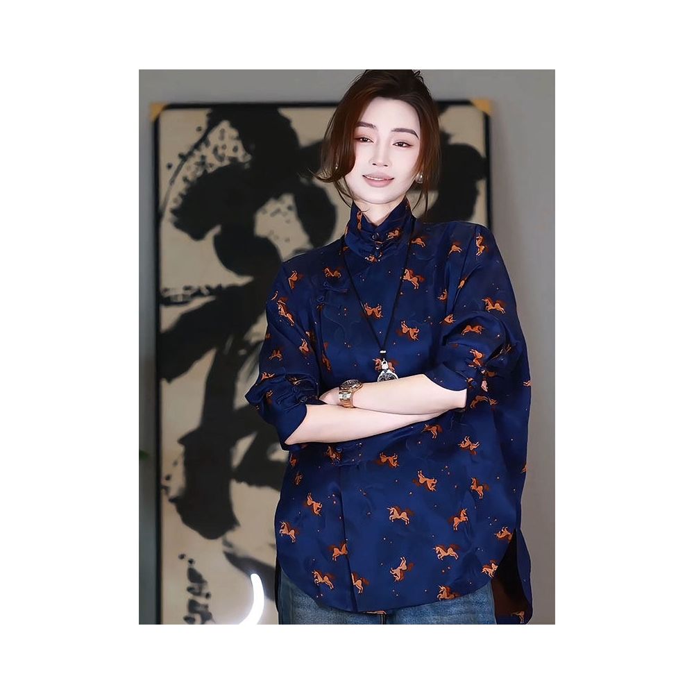 New Chinese Zen style Chinese style high end temperament super beautiful loose blue printed shirt for women 2026 spring new collection image 1