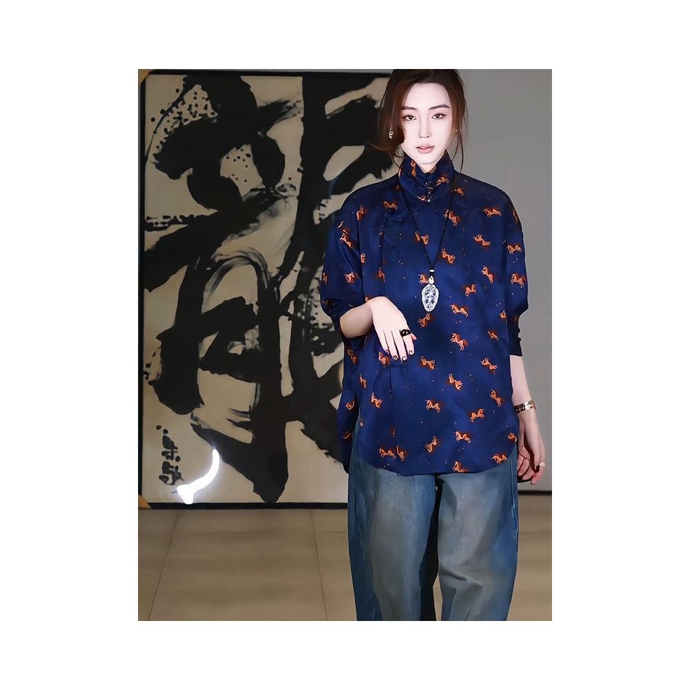 New Chinese Zen style Chinese style high end temperament super beautiful loose blue printed shirt for women 2026 spring new collection image 2