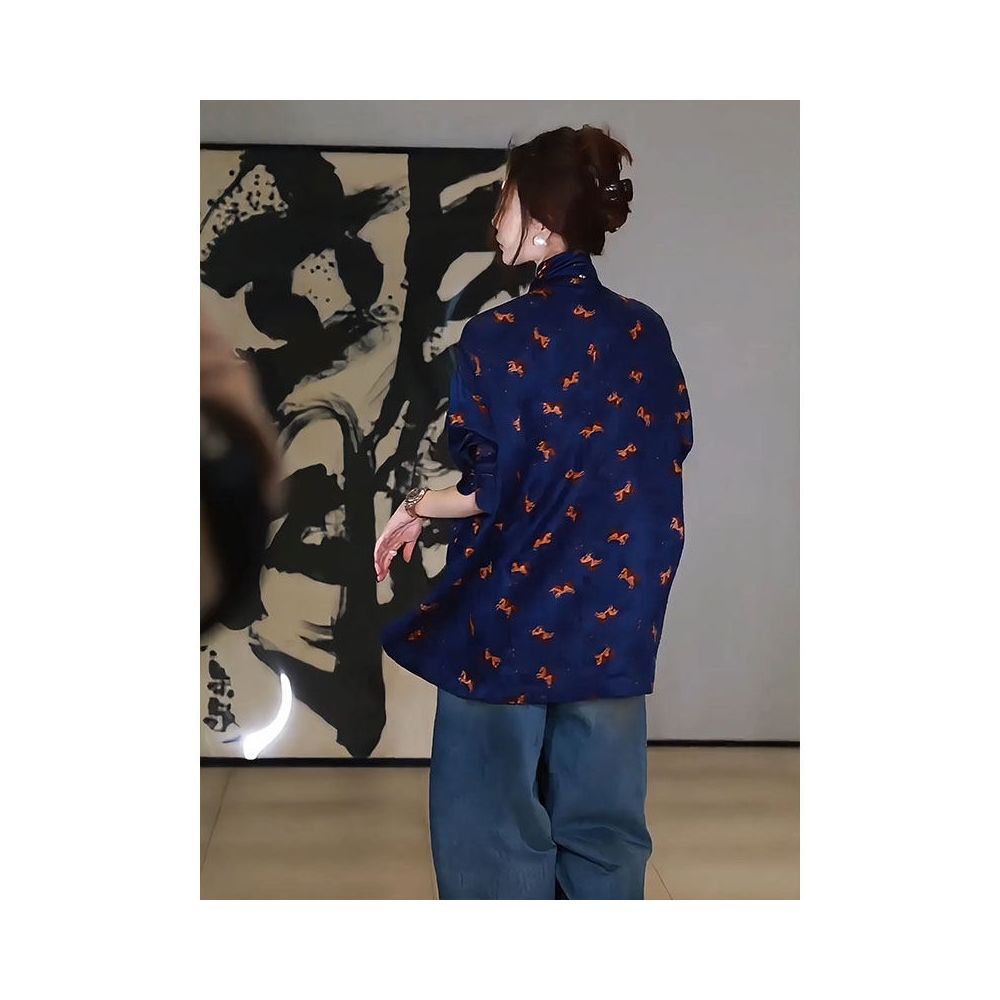 New Chinese Zen style Chinese style high end temperament super beautiful loose blue printed shirt for women 2026 spring new collection image 4
