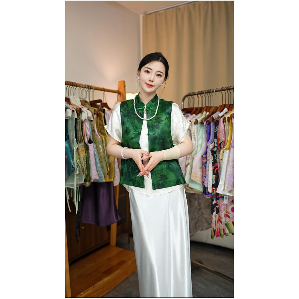 2025 New Chinese style Retro Jacquard Vest Summer New Style Stand up Collar Buckle Short Sleeve Chinese style Classical Top image 3