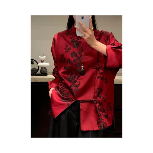 ASAYA5966 – Crimson Noir Mandarin Blouse ❤️🌺