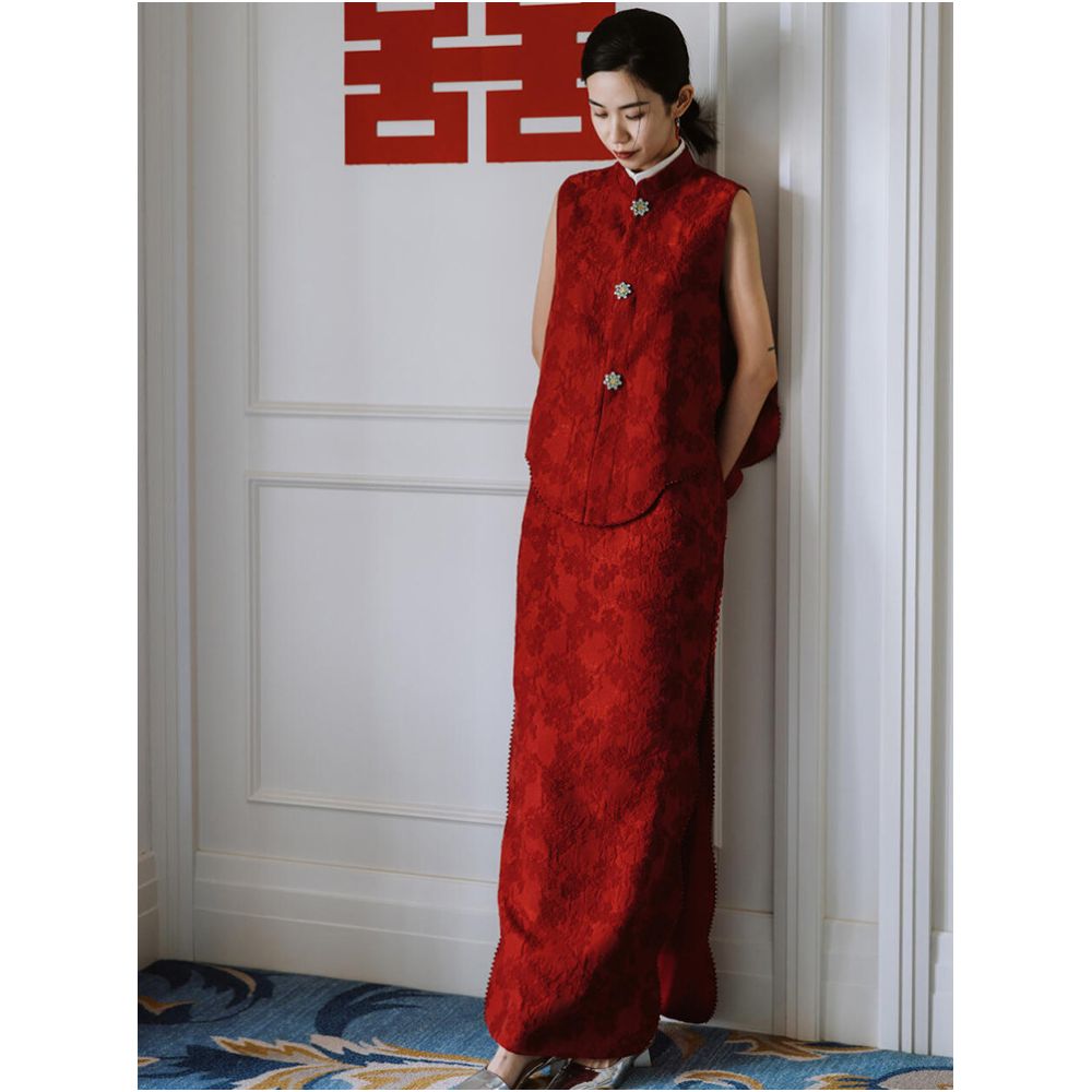 New Chinese style morning photography dress for brides two piece set light luxury dignified temperament grand toast dress long image 3