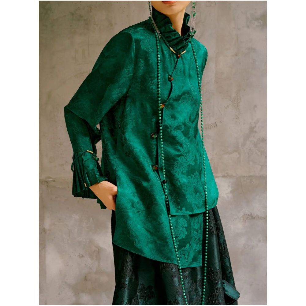 Original design by Mr Zhu Jade Shadow Fragrance Long Sleeve Shirt for Women Spring 2025 New Style Irregular Jacquard New Chinese Style Shirt image 1